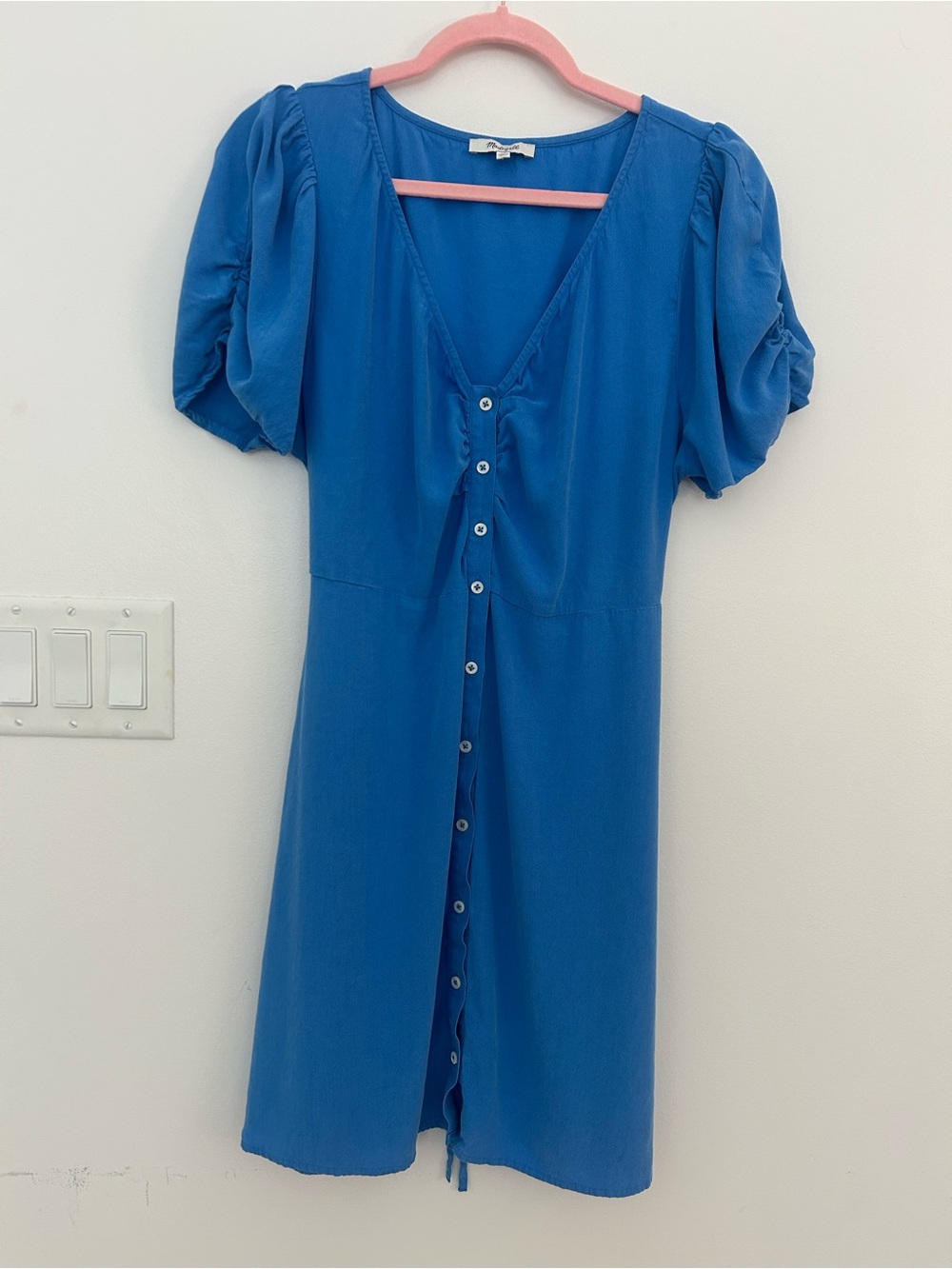 Madewell Womens 14 Blue Button Front Midi Dress Puff Sleeve Lyocell Viscose